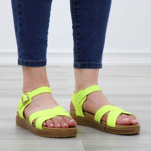 Neon Green Strappy Comfort Sandals Faux Nubuck - Picture 2 of 13